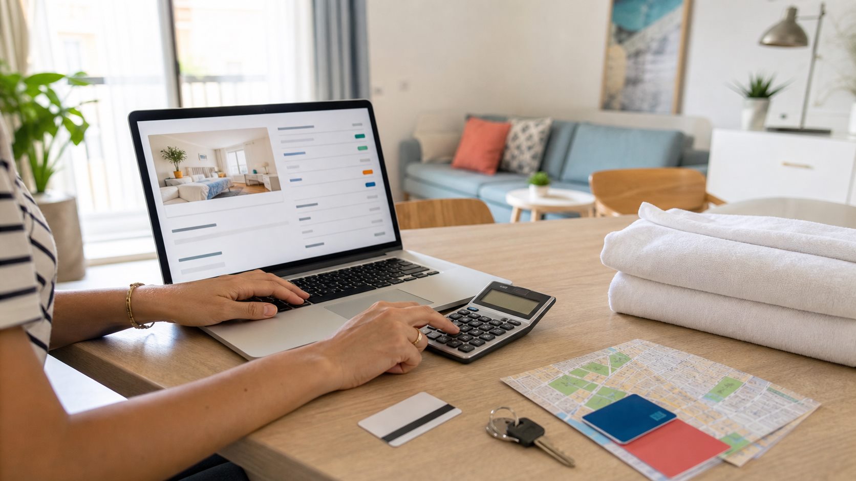 Voyageuse calculant le coût total d'une location saisonnière sur un ordinateur avec clés, carte et linge propre