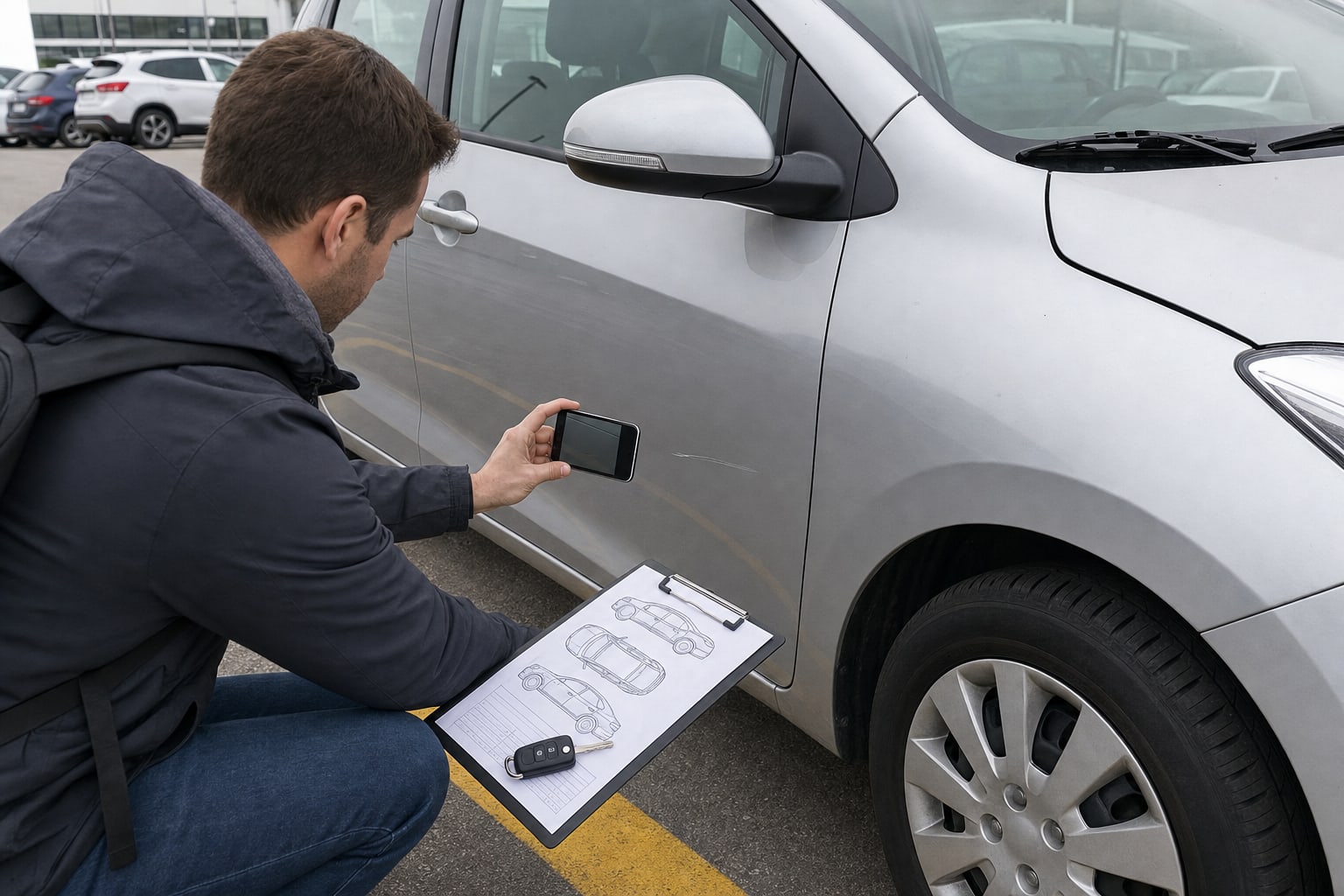 Voyageur photographiant une rayure sur une voiture de location avec la fiche d'état du véhicule