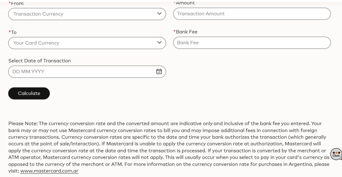 Calculateur Mastercard avec devise de transaction, devise de carte, montant, frais bancaire et date