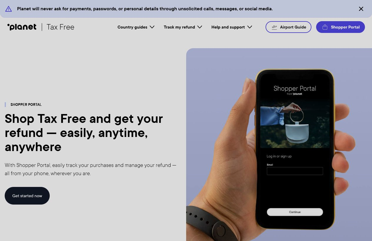 Page officielle Planet Tax Free présentant le suivi mobile des achats et remboursements de détaxe