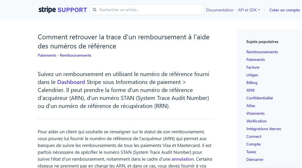 Page d'aide Stripe expliquant le suivi d'un remboursement par les références ARN, STAN et RRN